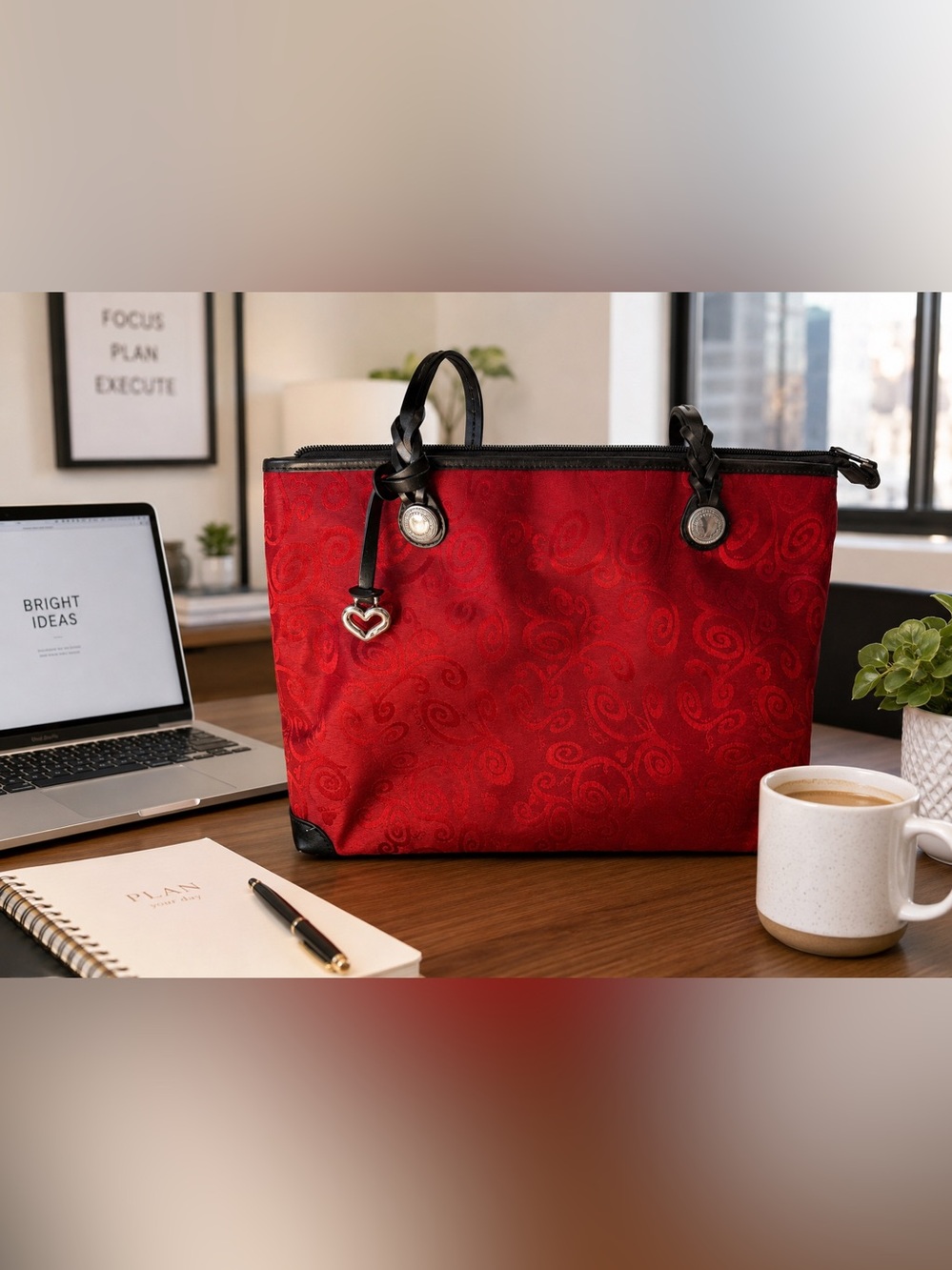 Brighton Red Jacquard Tote NIB Heart Charm Black Leather Trim Zip Top Shoulder